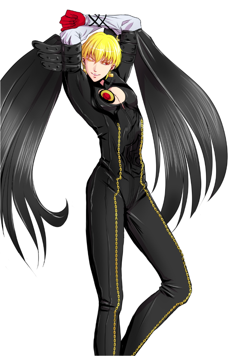 arms_behind_head, bayonetta, bayonetta_(character), bayonetta_(cosplay), bodysuit, cleavage_cutout, cosplay, earrings