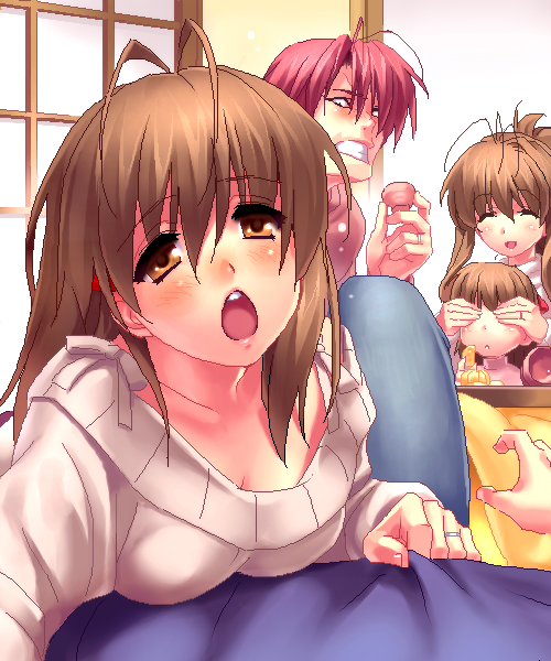 antenna_hair, blush, brown_eyes, brown_hair, clannad, cleavage, clenched_teeth, covering