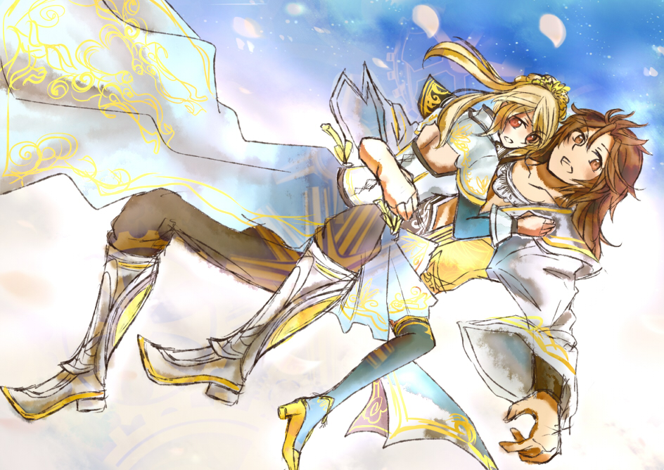 1girl, a03kouta, alternate_costume, artist_request, blonde_hair, brown_eyes, brown_hair, couple