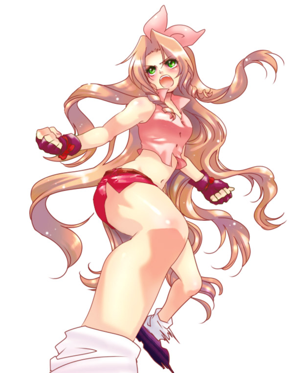 aerith_gainsborough, alternate_costume, angry, blush, bracelet, braid, brown_hair, crop_top