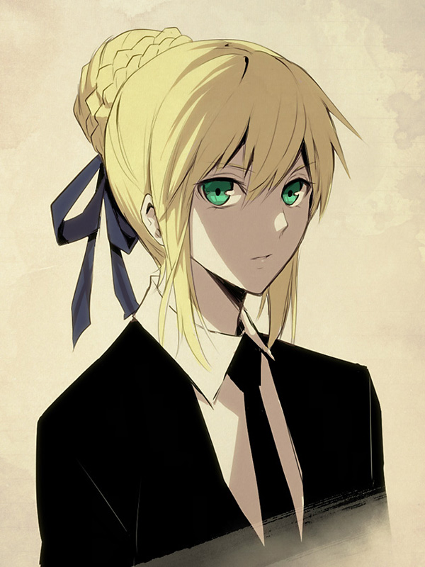 blonde_hair, fate/stay_night, fate/zero, fate_(series), formal, hair_ribbon, necktie, pant_suit, ribbon, saber, sakuyamochi, solo, suit