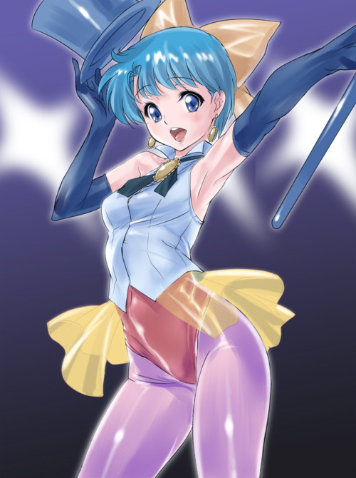 armpits, artist_request, bunnysuit, cane, character_request, dodai_shouji, earrings, elbow_gloves, gloves, green_hair, hat, hat_removed, headwear_removed, jewelry, kazuki_mai, leotard, magical_emi, mahou_no_star_magical_emi, open_mouth, pantyhose, shiny, short_hair, solo, top_hat