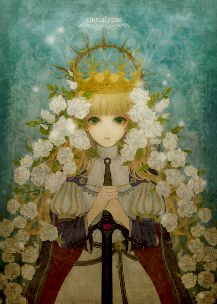 3-ba, beatmania, beatmania_iidx, blonde_hair, cape, crown, crown_of_thorns, dress, flower, green_eyes, hannes_farrugia, long_hair, rose, sword, weapon, white_rose, zektbach