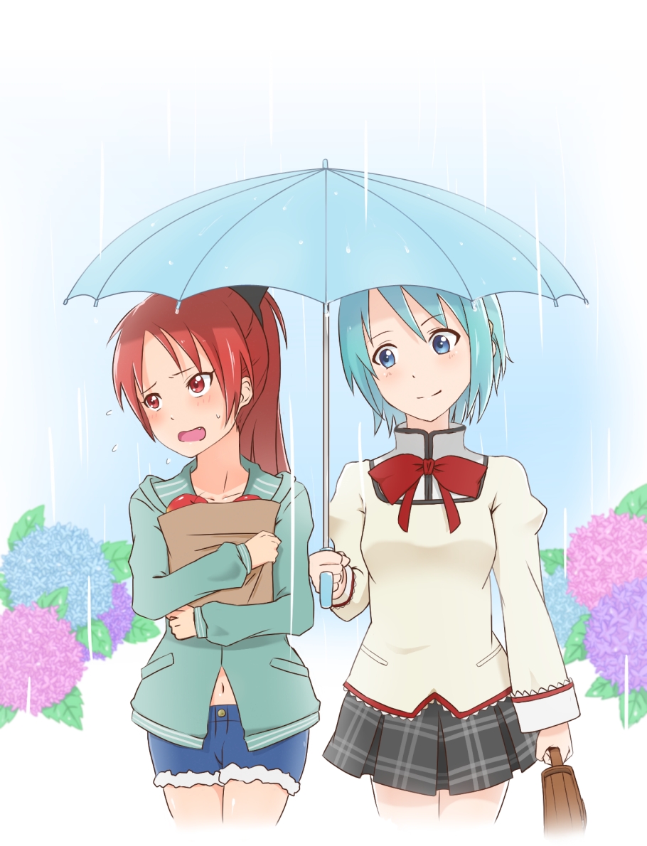 apple, bag, blue_eyes, blue_hair, blush, bow, casual, denim
