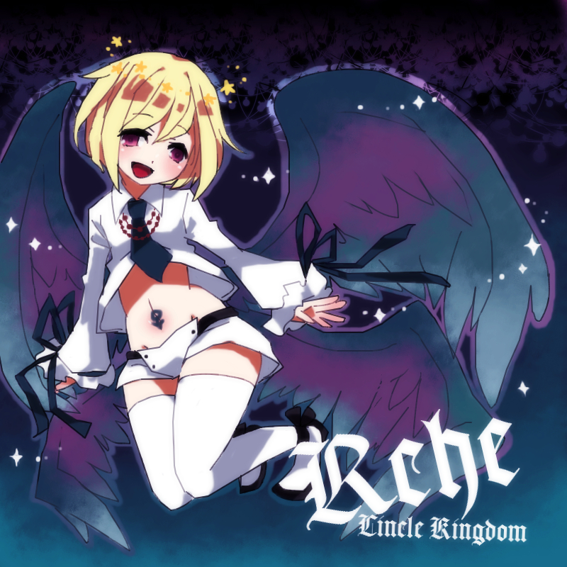 1boy, beatmania_iidx, blonde_hair, jewelry, male, midriff, multiple_wings, necklace, necktie, pink_eyes, rche_(beatmania), shoes, short_hair, thigh-highs, thighhighs, trap, une_reverie, wings