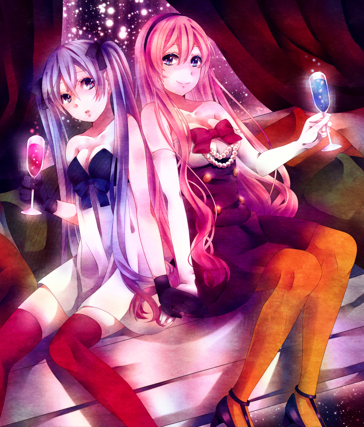 breasts, cleavage, cup, dress, elbow_gloves, gloves, hatsune_miku, holding_hands, long_hair, megurine_luka, multiple_girls, orange_legwear, pantyhose, pink_hair, purple_hair, red_legwear, sitting, smile, strapless_dress, suminosumire, thigh-highs, thighhighs, twintails, very_long_hair, vocaloid, wine_glass
