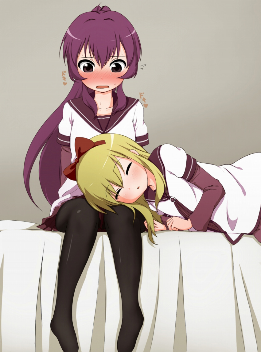 black_legwear, blonde_hair, blush, bow, closed_eyes, collarbone, eyes_closed, hair_bow