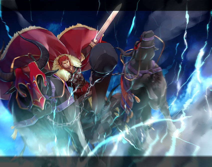 animal, beard, bull, cape, chain, chariot, dutch_angle, electricity, facial_hair, fate/stay_night, fate/zero, fate_(series), gordius_wheel, highres, horns, lightofheaven, male, red_eyes, red_hair, redhead, rider_(fate/zero), short_hair, solo, sword, weapon