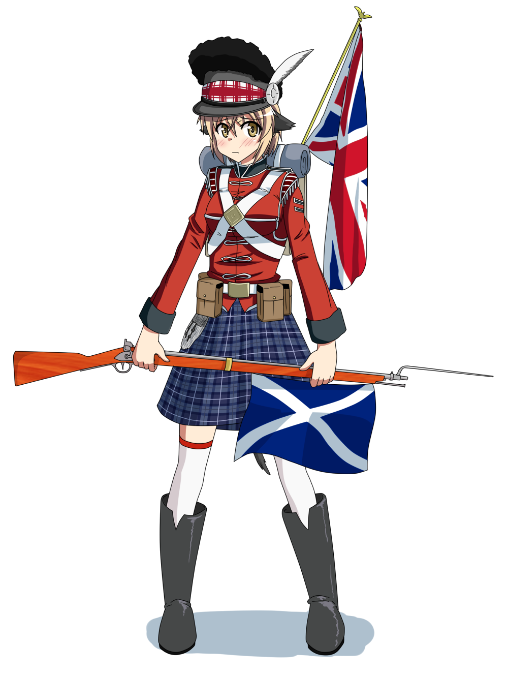 backpack, bad_id, bag, bayonet, belt, blush, boots, copyright_request, feathers, flag, gun, hat, highres, kilt, military, military_uniform, musket, norayinu, plaid, pouch, randoseru, saltire, scotland, soldier, tail, thigh-highs, thighhighs, uniform, union_jack, united_kingdom, weapon, white_background, zettai_ryouiki