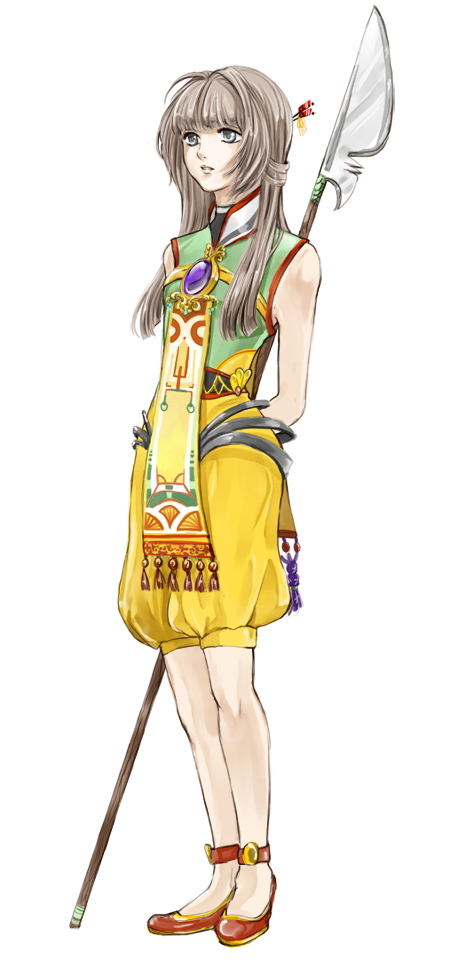 boobledeeboo, brown_hair, female, full_body, grey_eyes, long_hair, original, polearm, shoes, silver_hair, simple_background, solo, standing, tabard, transparent_background, weapon, white_background
