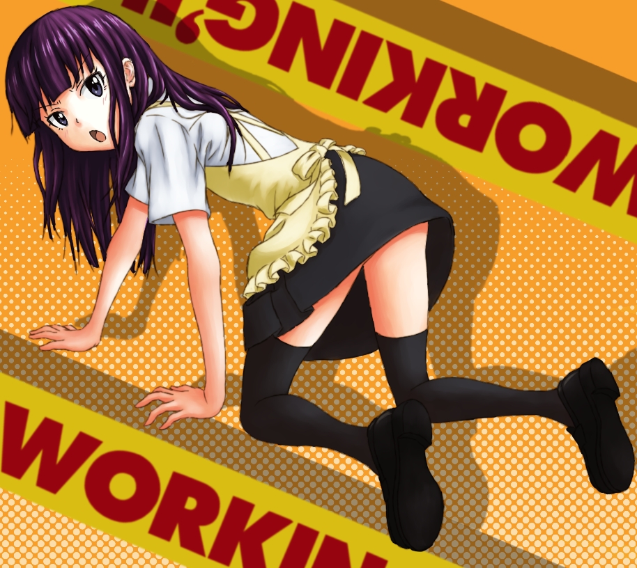 all_fours, apron, bangs, black_legwear, blunt_bangs, caution_tape, long_hair, looking_back