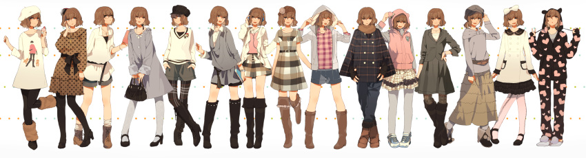 6927mukutuna, alternate_costume, bag, beret, book, boots, bow, brown_eyes, brown_hair, casual, crossdressinging, dress, fashion, fur_trim, glasses, hair_bow, handbag, hat, headphones, heart_print, highres, hoodie, inazuma_eleven, inazuma_eleven_(series), inazuma_eleven_go, jewelry, knee_boots, male, necklace, open_mouth, pantyhose, polka_dot, ponytail, shindou_takuto, short_hair, shorts, skirt, smile, trap