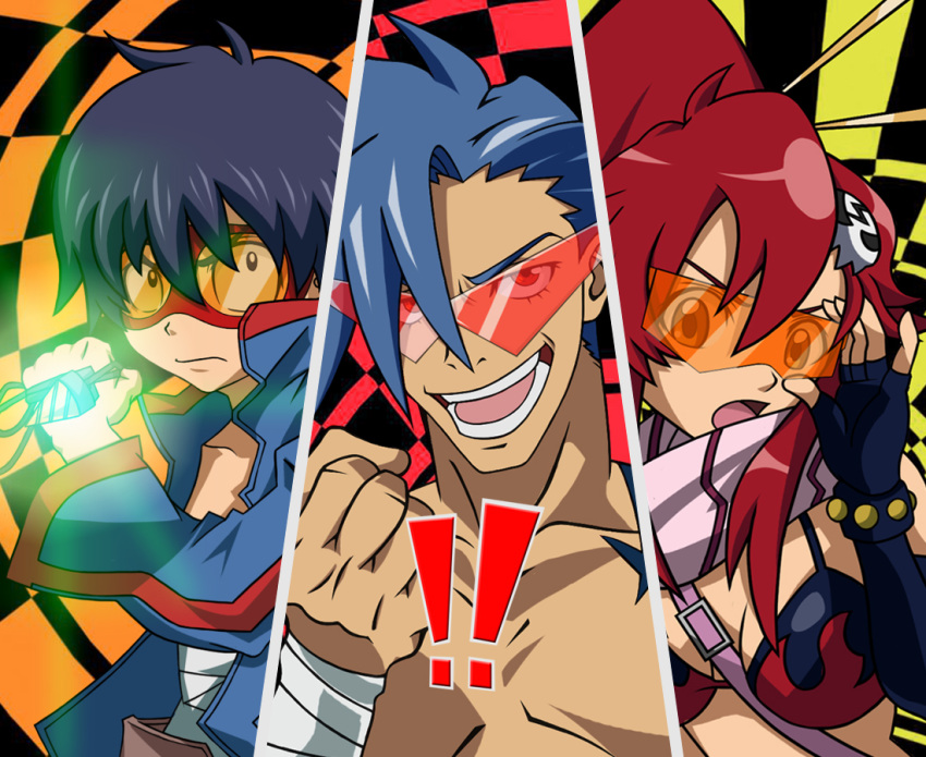 adjusting_glasses, all-out_attack, bandages, bikini_top, blue_hair, clenched_hand, cut-in, drill