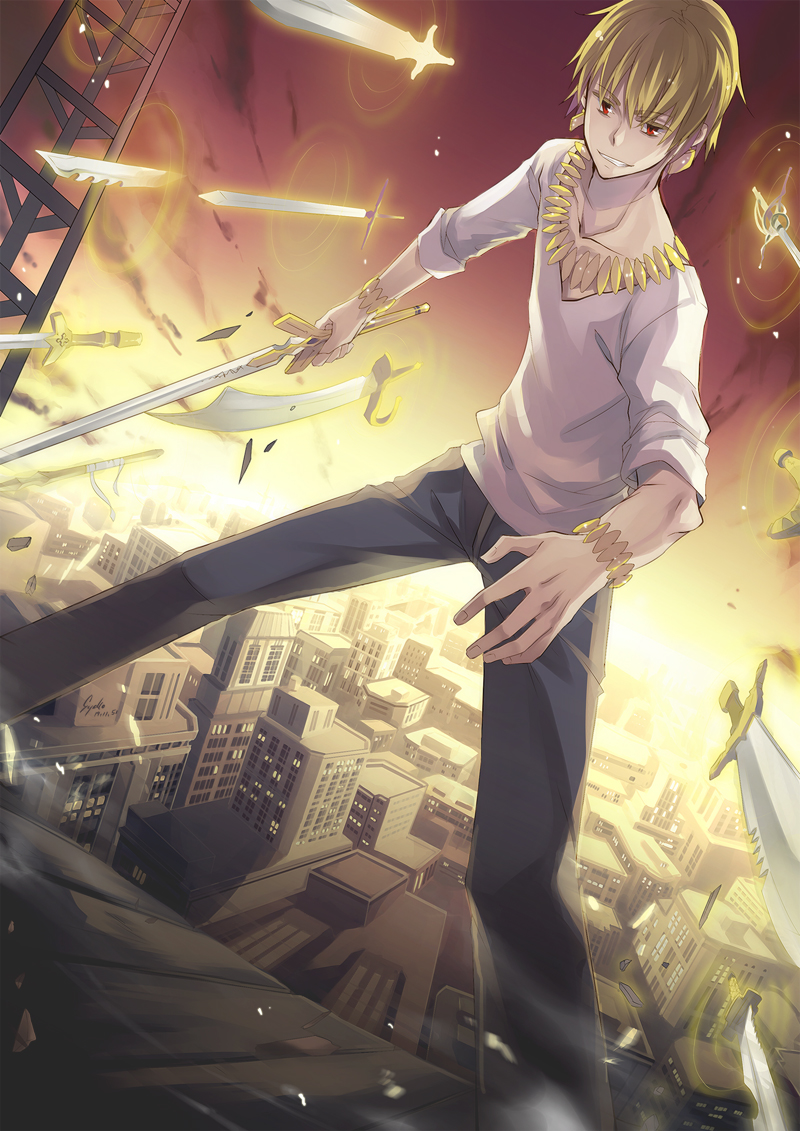 artist_request, blonde_hair, casual, dutch_angle, earrings, fate/stay_night, fate/zero, fate_(series)
