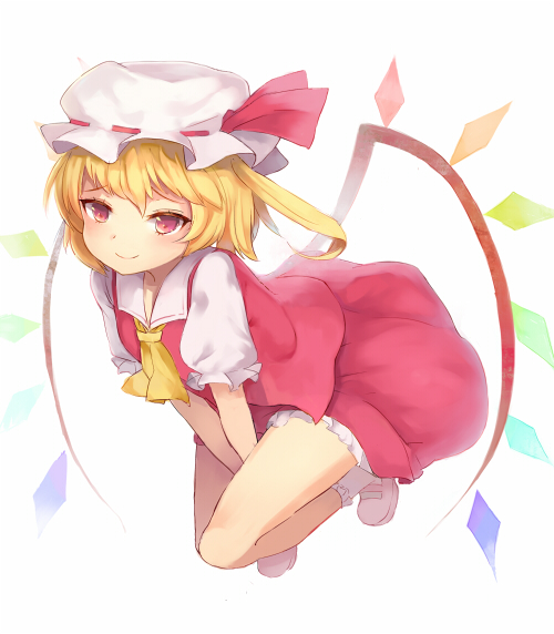 ascot, between_legs, between_thighs, bowed_wings, flandre_scarlet, gomibox2021, hand_between_legs, hat