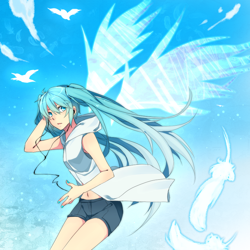 aqua_eyes, aqua_hair, bird, earbuds, earphones, feathers, hand_on_ear, hatsune_miku