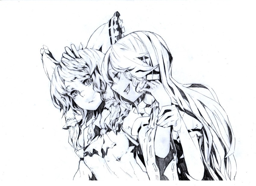 absurdres, ascot, bow, detached_sleeves, flat_gaze, graphite_(medium), grin, hair_bow