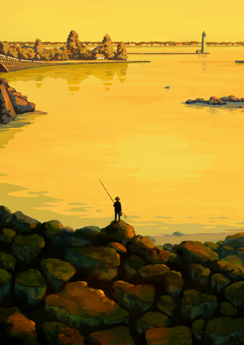 boulder, fishing_rod, from_behind, highres, house, kuchibiru_(lipblue), lighthouse, original, reflection, rock, scenery, solo, torii, tree, twilight, water, yellow