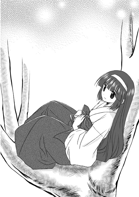 hairband, hime_cut, in_tree, japanese_clothes, kiki_kaikai, long_hair, miko, monochrome, ponytail, sayo_(kiki_kaikai), solo, tree