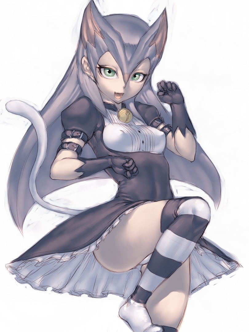 animal_ears, bell, belt, cat_ears, cat_tail, cathy_(yugioh_zexal), cathy_(yuu-gi-ou_zexal), dress, erect_nipples, fang, flat_chest, footwear, fumio_(rsqkr), gloves, green_eyes, humio, long_hair, panties, pantyshot, pantyshot_(standing), silver_hair, socks, solo, striped, striped_legwear, striped_socks, tail, thighhighs, underwear, yu-gi-oh!, yuu-gi-ou, yuu-gi-ou_zexal