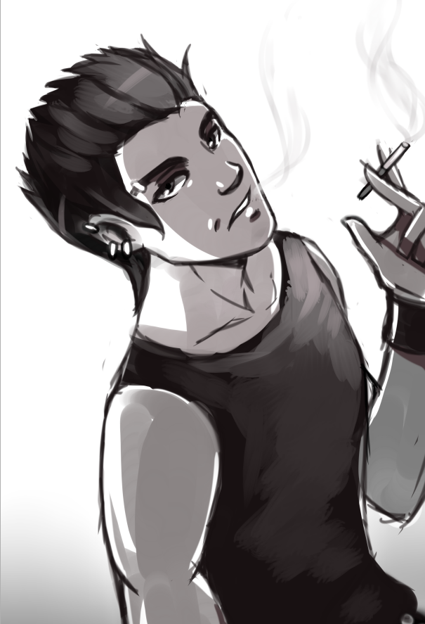 bare_shoulders, cigarette, colt_warren, dutch_angle, male, piercing, short_hair, signomi