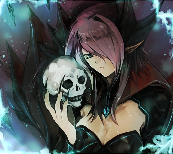 bad_id, cardfight!!_vanguard, demon_girl, fingernails, hair_over_one_eye, long_fingernails, multicolored_hair, pointy_ears, ren_(pixiv), shadow_paladin, skull, skull_witch_nemain, solo, succubus