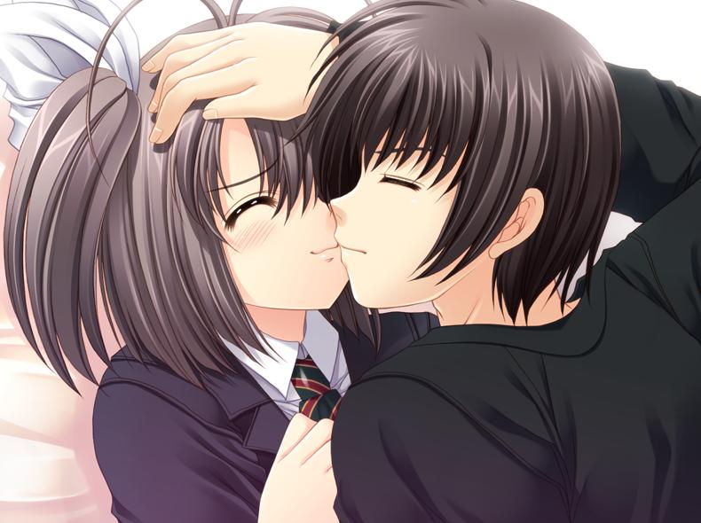 1girl, black_hair, blush, bow, closed_eyes, eyes_closed, game_cg, hair_bow, kiss, long_hair, narita_hayato, necktie, nishimata_aoi, ootori_naru, oretachi_ni_tsubasa_wa_nai, school_uniform, short_hair, side_ponytail, smile