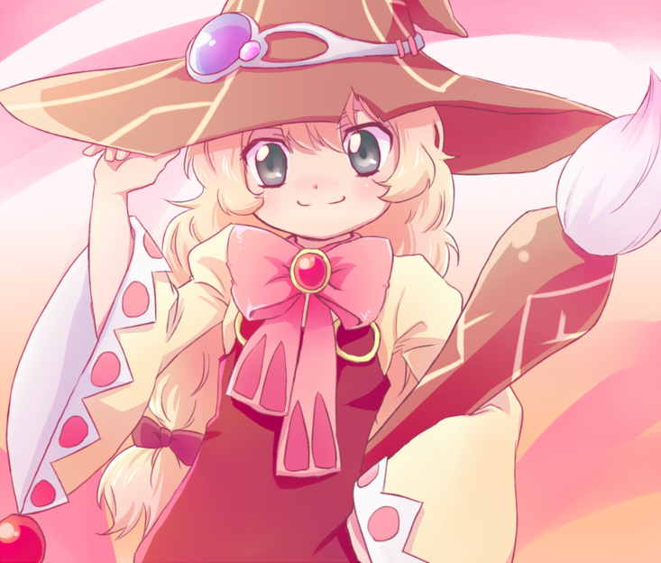 bad_id, beryl_benito, blonde_hair, bow, green_eyes, hat, long_hair, m_(wwwwwaa), paintbrush, pink_background, ribbon, smile, solo, tales_of_(series), tales_of_hearts, witch_hat
