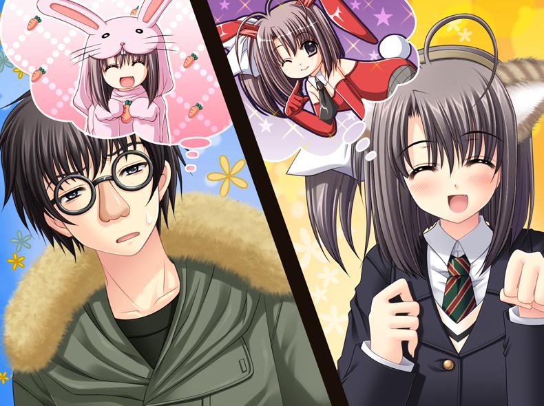 1girl, animal_costume, animal_ears, black_hair, blush, bow, bunny_costume, bunny_ears