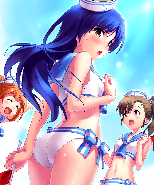 3girls, ass, bare_shoulders, bikini, blue_hair, blush, bow, brown_eyes