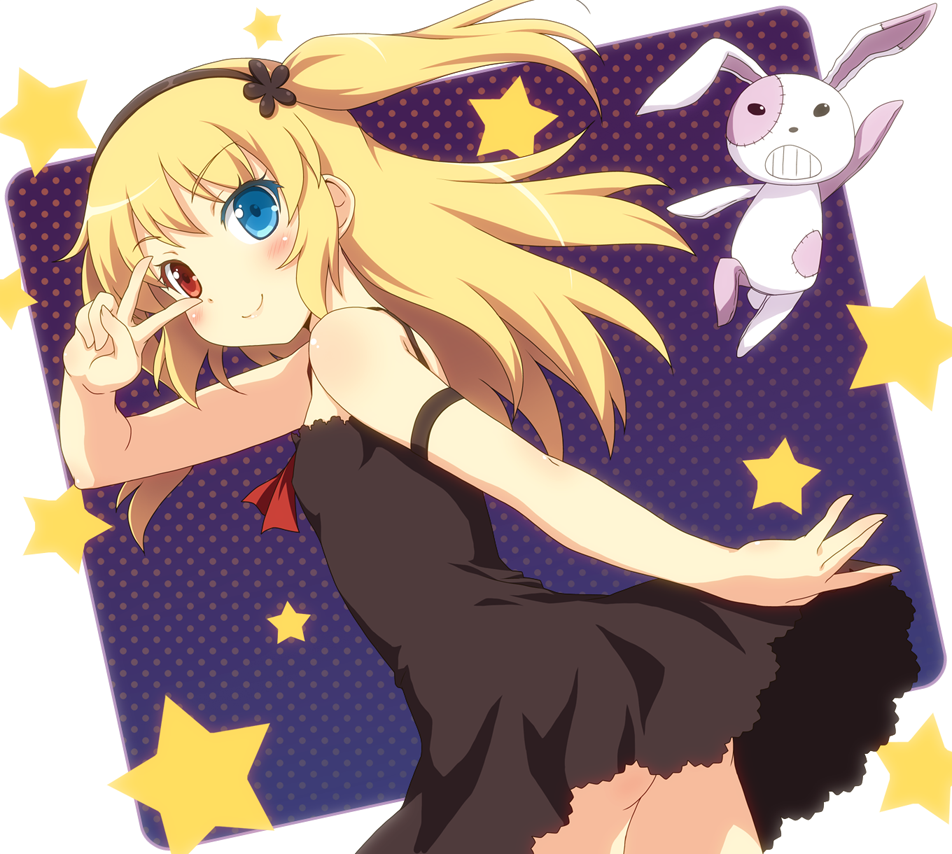 arm_strap, bare_shoulders, black_dress, blonde_hair, blush, boku_wa_tomodachi_ga_sukunai, dress, hairband