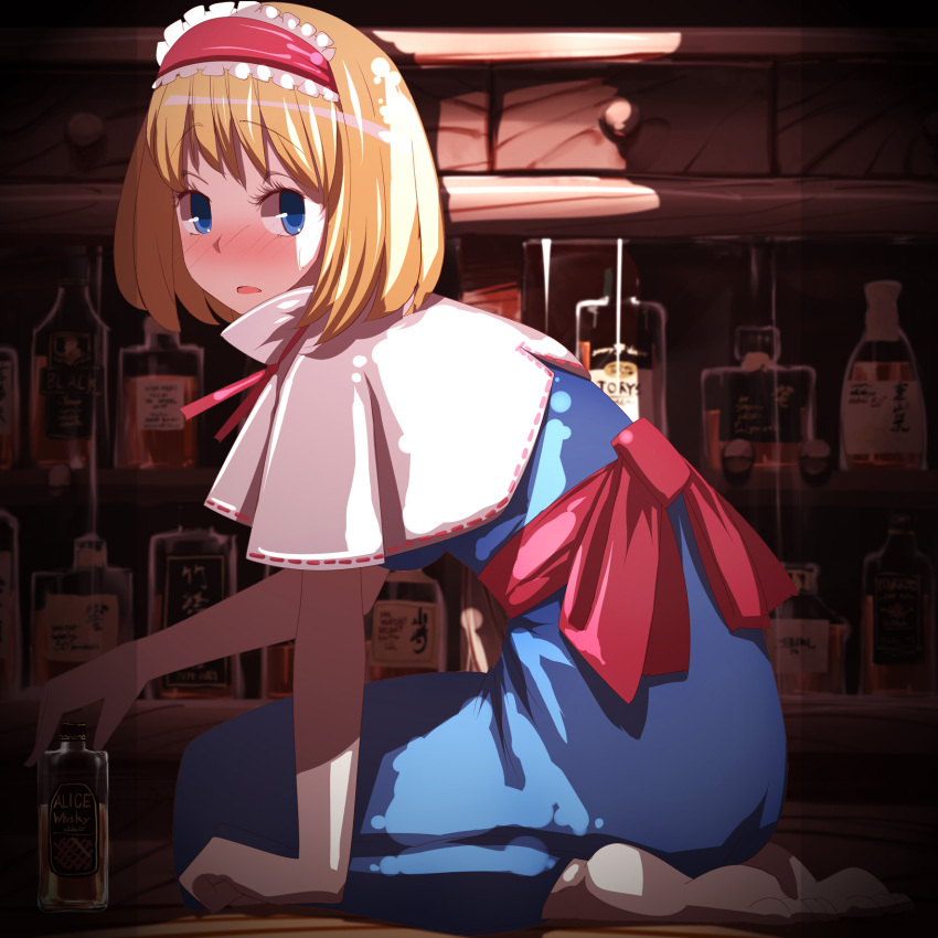 alcohol, alice_margatroid, blonde_hair, blue_dress, blue_eyes, blush, bottle, capelet