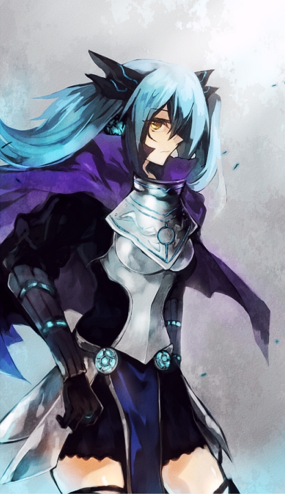 armor, armored_dress, bad_id, blue_hair, cape, cardfight!!_vanguard, darkness_maiden_macha, ren_(pixiv)