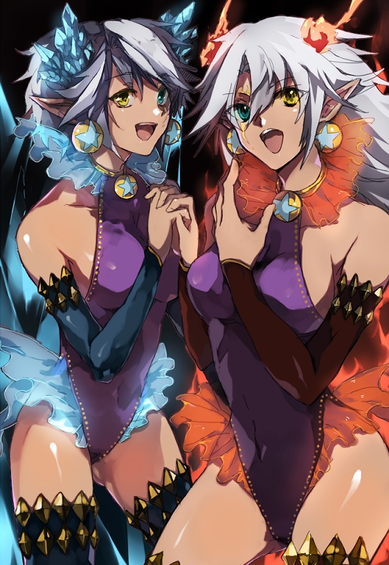 :d, bad_id, cardfight!!_vanguard, crimson_beast_tamer, detached_sleeves, earrings, fire, flame, hand_holding, heterochromia, holding_hands, ice, jewelry, multiple_girls, open_mouth, pale_moon, pointy_ears, ren_(pixiv), siblings, sisters, smile, thigh-highs, thighhighs, turquoise_beast_tamer, twins