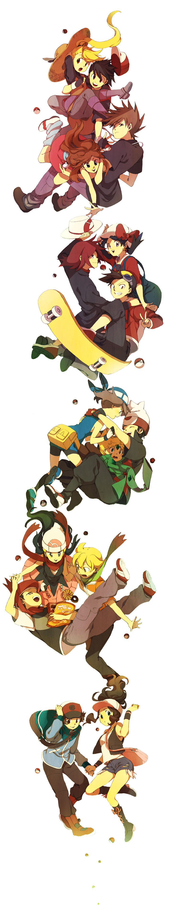 6+girls, absurdres, alternate_costume, bag, black_(pokemon), blue_(pokemon), brown_hair, cosplay