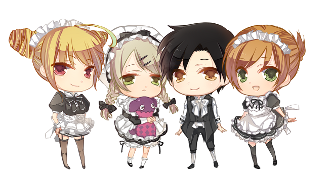 3girls, a_(pivot-nitidokui), alternate_costume, alternate_hairstyle, apron, bad_id, black_hair, black_legwear