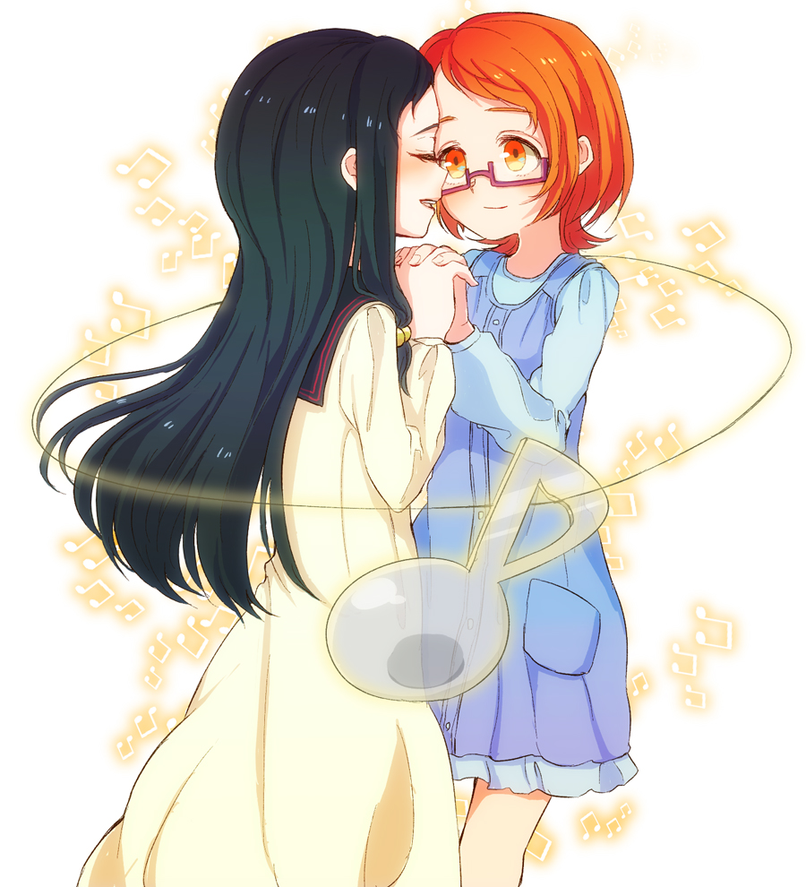 black_hair, closed_eyes, dress, eyes_closed, glasses, hand_holding, holding_hands, long_hair