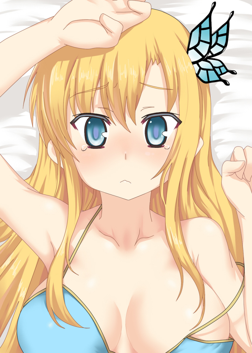 bad_id, bare_shoulders, bikini, blonde_hair, blue_eyes, boku_wa_tomodachi_ga_sukunai, breasts, butterfly_hair_ornament