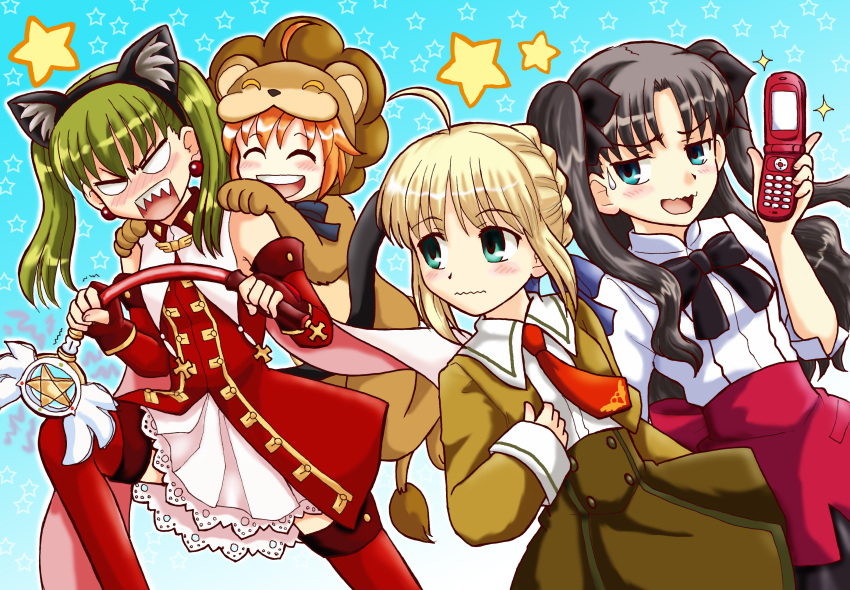 ahoge, animal_costume, animal_ears, blush, brown_hair, cat_ears, cellphone, cosplay, costume_switch, earrings, elbow_gloves, fangs, fate/hollow_ataraxia, fate/stay_night, fate_(series), gloves, hair_ribbon, hibino_hibiki, highres, jewelry, kaleido_ruby, katsuragi_chikagi, lion_costume, magical_girl, necktie, nishisute, orange_hair, phone, ribbon, saber, saber_(cosplay), saber_lion, saber_lion_(cosplay), school_uniform, tohsaka_rin, toosaka_rin, twintails, type-moon, wavy_mouth, yellow_eyes