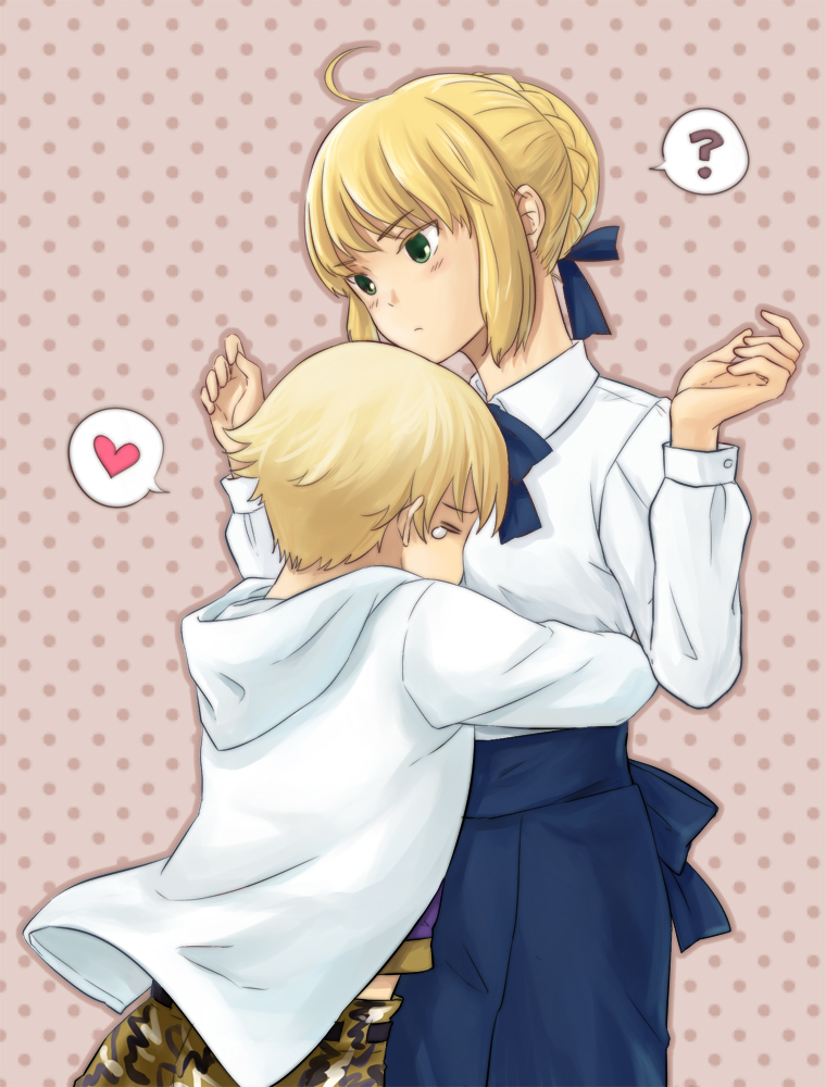 ahoge, blonde_hair, breast_smother, casual, child, child_gilgamesh, fate/hollow_ataraxia, fate/stay_night, fate_(series), gilgamesh, green_eyes, hair_ribbon, heart, hug, ribbon, saber, semillon, tears, young