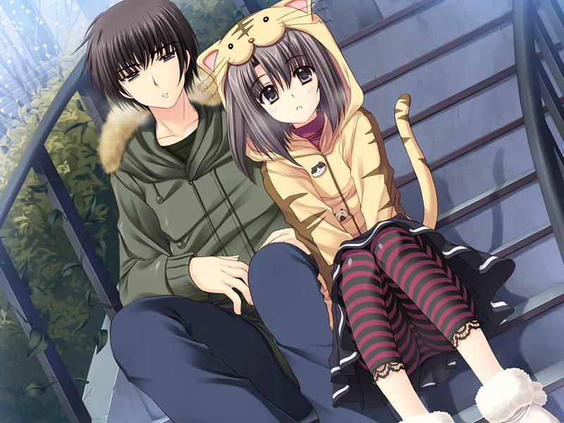 1girl, animal_ears, black_hair, blush, cat_coat, cat_ears, coat, game_cg, narita_hayato, nishimata_aoi, ootori_naru, oretachi_ni_tsubasa_wa_nai, short_hair, skirt, stairs, striped, tail