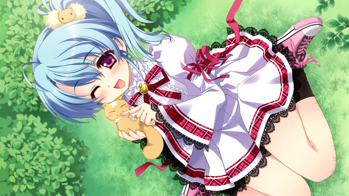 biting, blue_hair, blush_stickers, cube_(alma), finger_biting, game_cg, hase_nanami, kimi_to_boku_to_eden_no_ringo