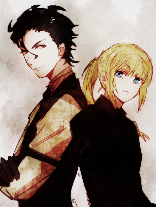 1girl, ahoge, black_hair, blonde_hair, casual, fate/stay_night, fate/zero, fate_(series)