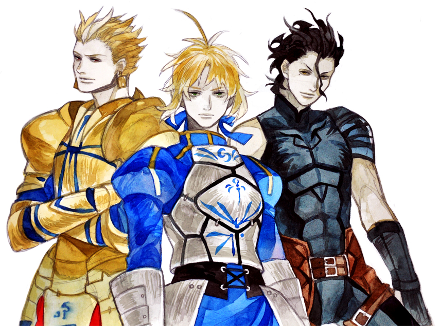 2boys, ahoge, androgynous, armor, black_hair, blonde_hair, breadmonster, crossed_arms