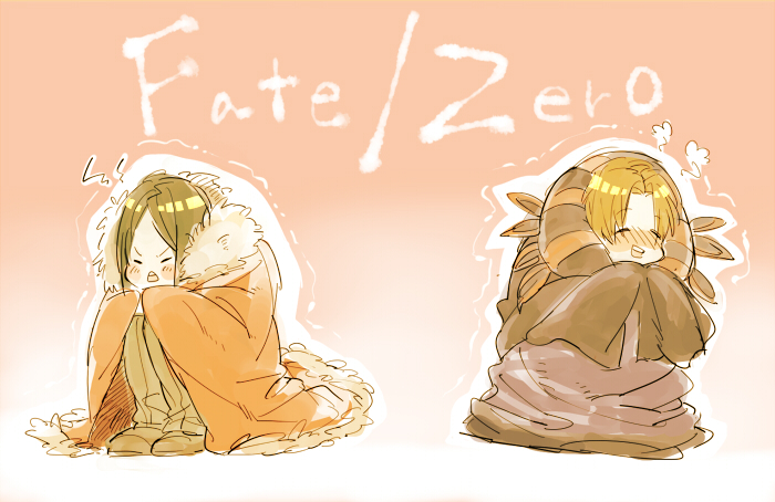 bad_id, cape, caster_(fate/zero), caster_(fate/zero)_(cosplay), closed_eyes, cosplay, eyes_closed, fate/stay_night, fate/zero, fate_(series), male, mochi_(motizuki-ruka), multiple_boys, open_mouth, orange_hair, pink_background, title_drop, uryuu_ryuunosuke, waver_velvet