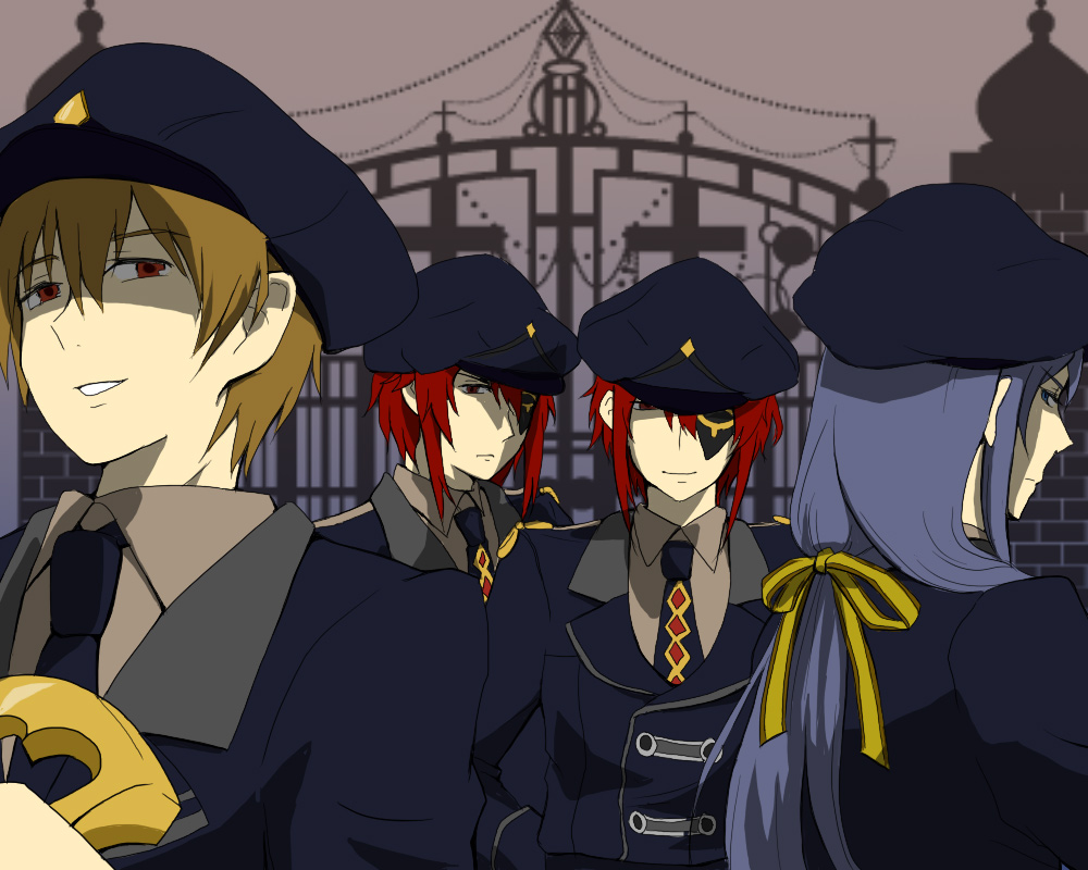 4boys, ace_(kuni_no_alice), alternate_costume, brown_hair, cross, dual_persona, eyepatch, gate