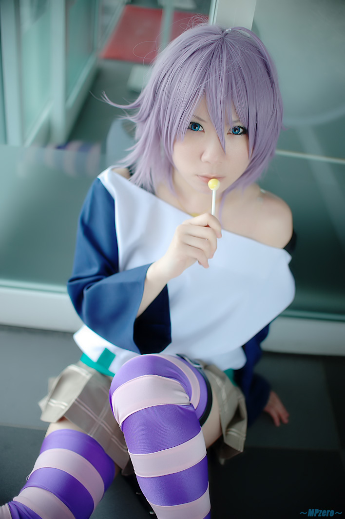 1girl, candy, cosplay, lollipop, photo, purple_hair, real_person, rosario+vampire