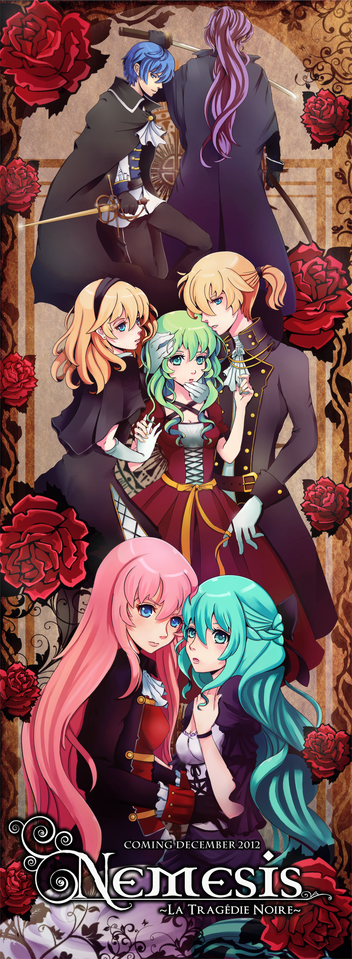 4girls, belt, cape, dress, elbow_gloves, flower, formal, gloves