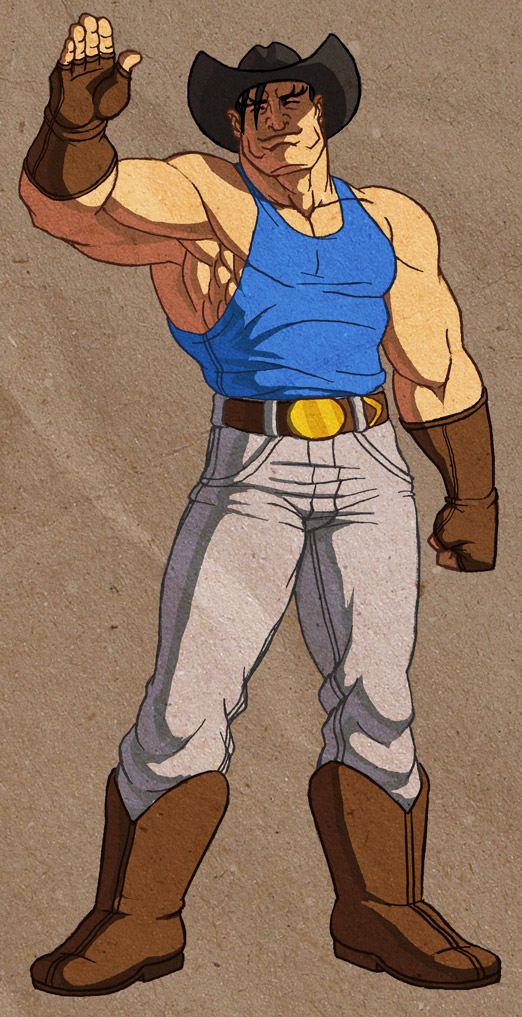 alternate_costume, belt_buckle, boots, cowboy_boots, cowboy_hat, fingerless_gloves, gloves, hat, jeans, jiggeh, josef_axner, male, muscle, simple_background, solo, street_fighter, tank_top, thunder_hawk