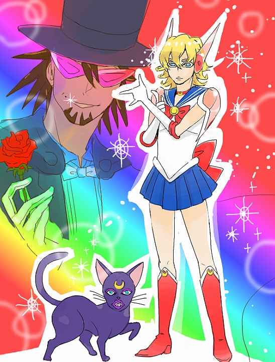 2boys, barnaby_brooks_jr, bishoujo_senshi_sailor_moon, blonde_hair, blue_eyes, boots, brown_hair, cat